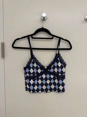 H&M Navy Blue & Light Blue Argyle Lace-Trim Camisole